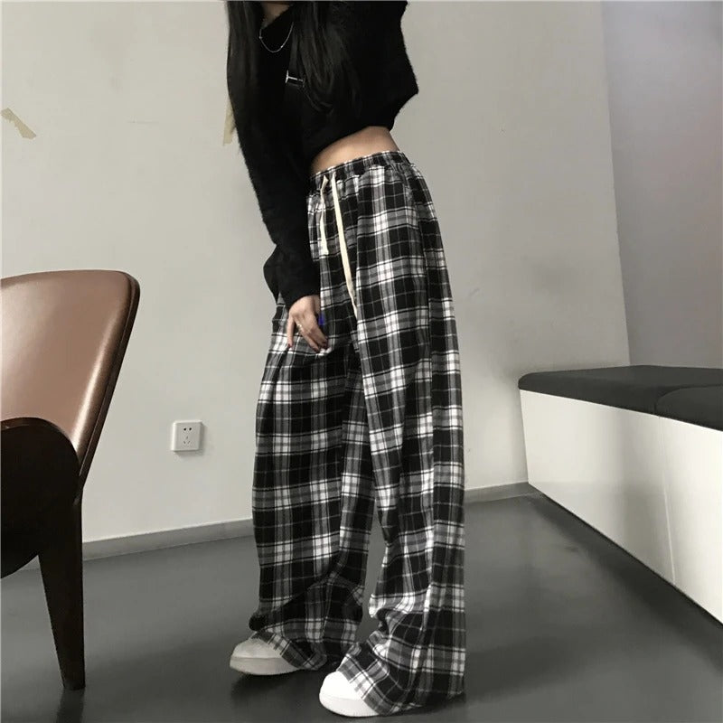 Aria Plaid Wide-Leg Trousers