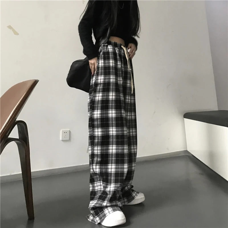 Aria Plaid Wide-Leg Trousers